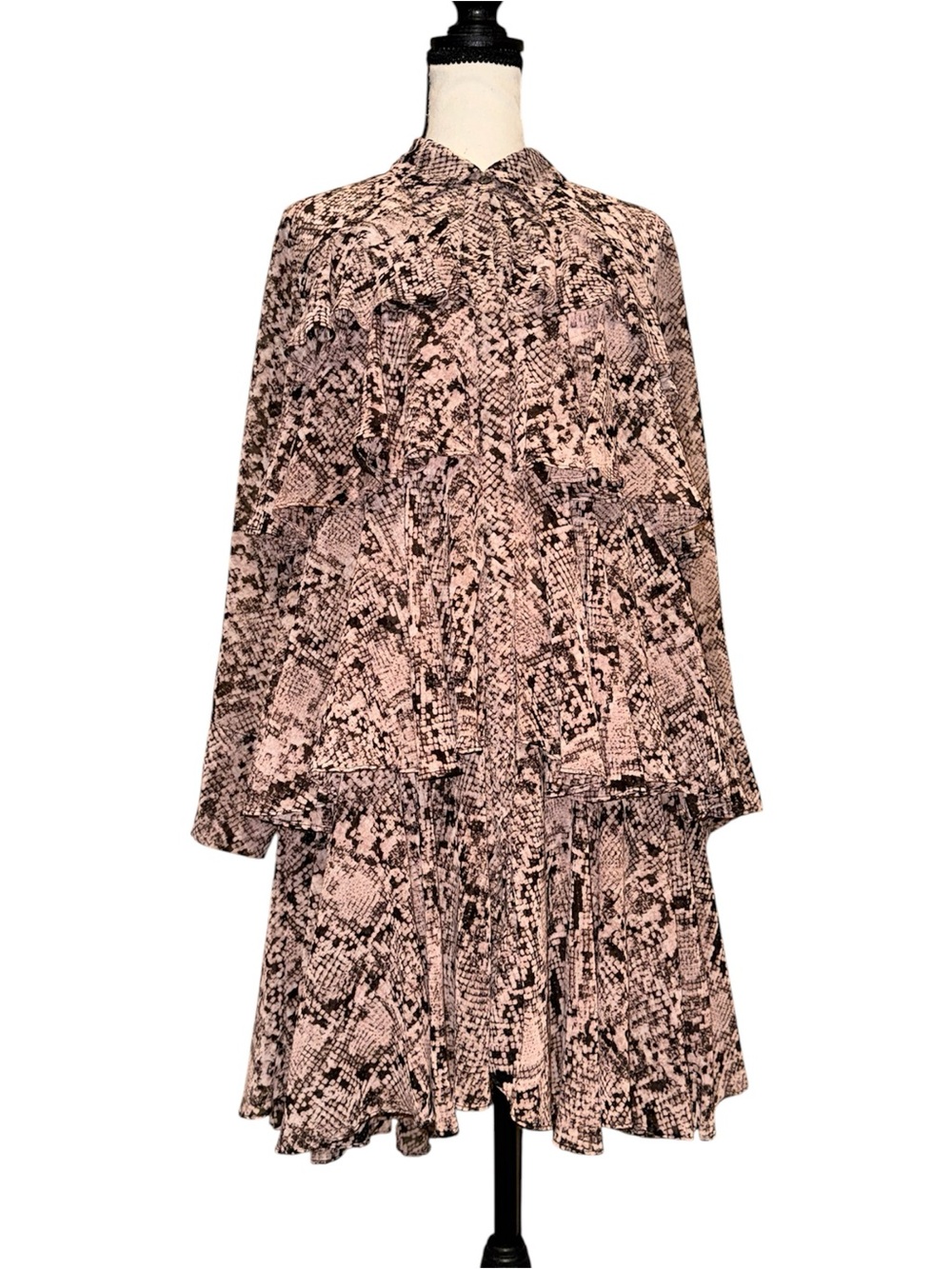 MISA Los Angeles Tiered Ruffle Mini Dress Pink Black Snakeskin Print Size S